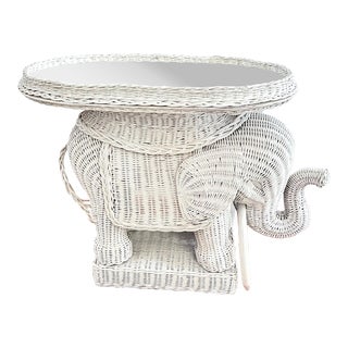 Late 20th Century White Wicker Elephant Side Table With Detachable Mirrored Tray For Sale
