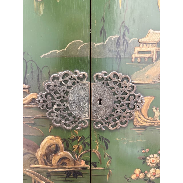 1940s Vintage Alexander Bros. Green Asian Lacquered Bar Cabinet/Cupboard on Barley Twist Stand For Sale - Image 5 of 12