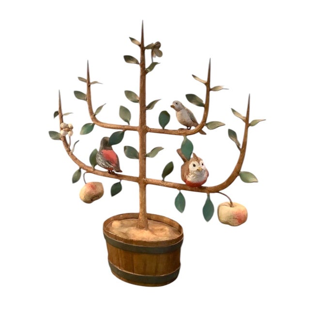 Vintage, Italian tole espalier, espaliered fruit (apple) tree. Features an espaliered tree, adorned with apples, blossoms...