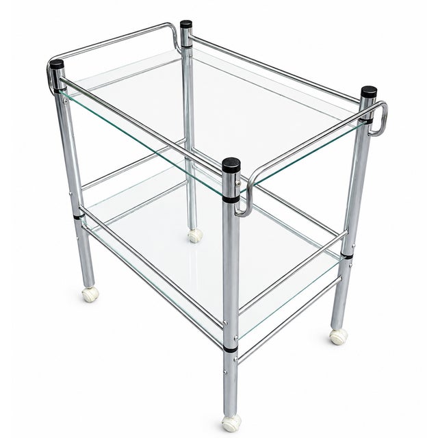 “1980s Modernist Chrome Tubular Glass Serving Cart or Bar Trolley For Sale - Image 4 of 11