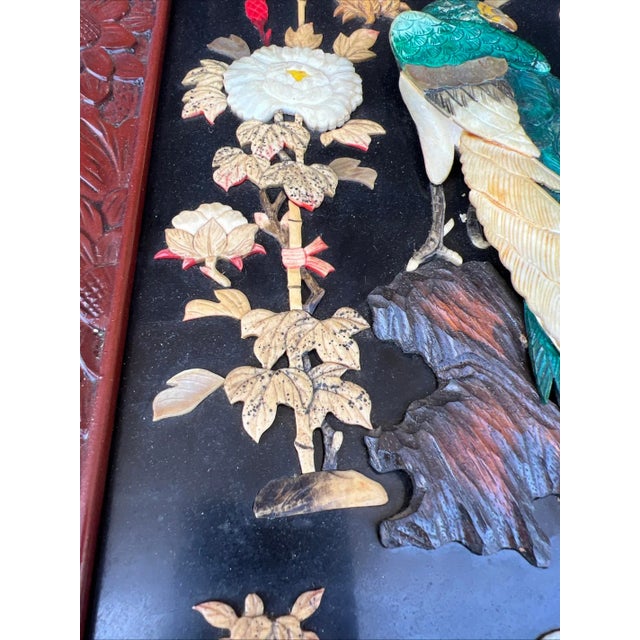 Green Vintage Chinese Carved Shell and Lacquer Peacock WallHang Artwork, Circa 1950’s For Sale - Image 8 of 15
