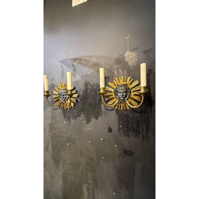 1930 Louise XIV Style Sunburst Shape Bronze Sconces 2 Lights For Sale - Image 4 of 8