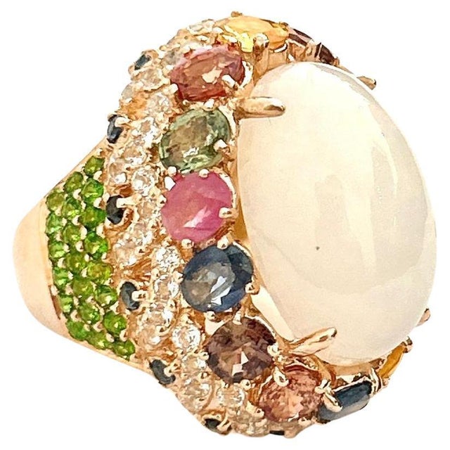 Bochic “Flamenco” Opal & Multi Fancy Color Sapphires Cocktail Ring 18K Gold, Size 5 For Sale