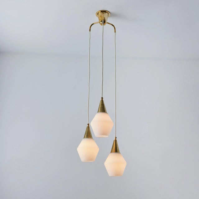 Mid-Century Modern 1960s Opaline Glass and Brass Chandelier Attributed to Mauri Almari for Idman For Sale - Image 3 of 13