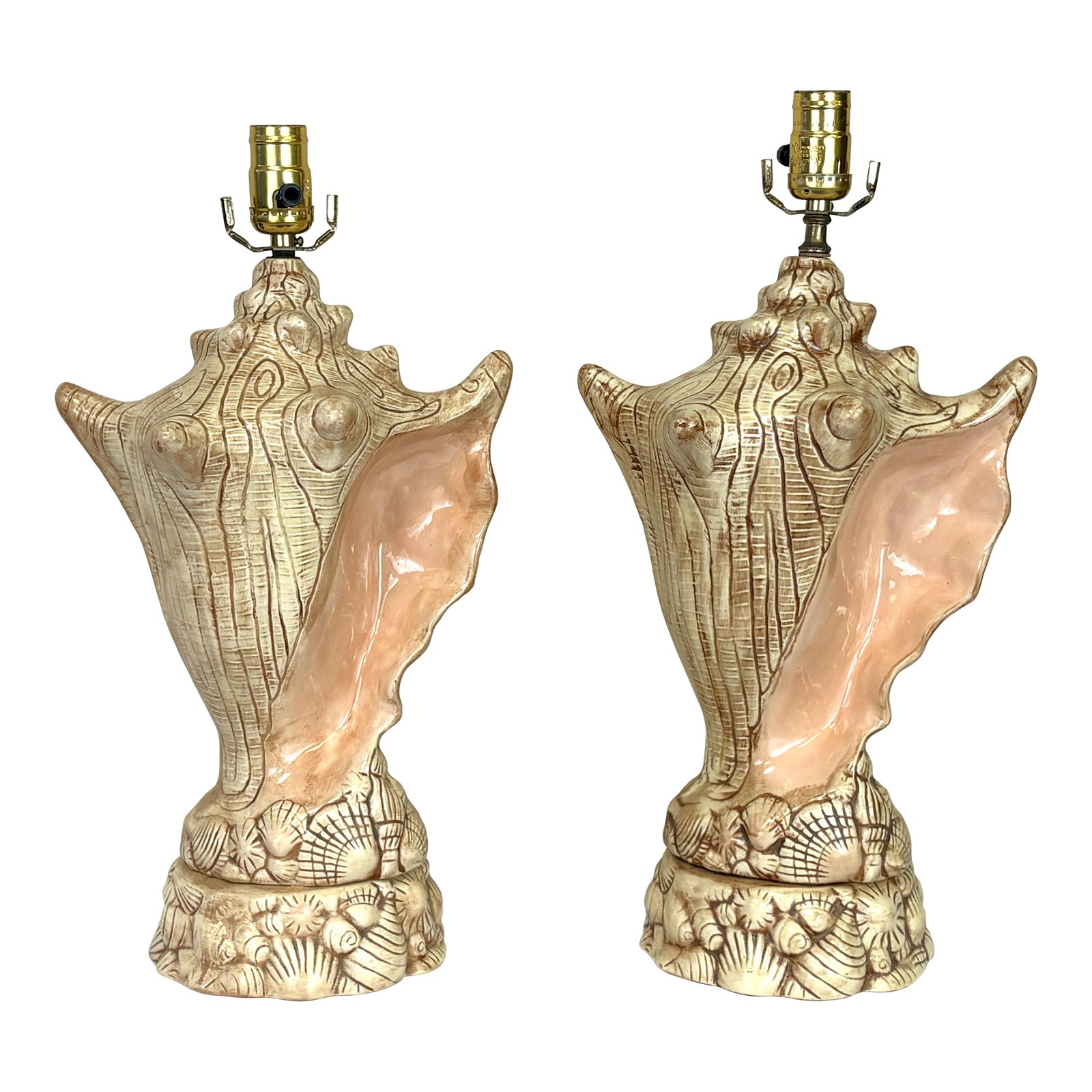 Vintage Ceramic Conch Shell Table Lamps C1986- A Pair | Chairish