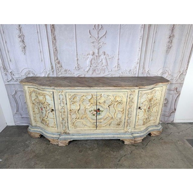 Italian Rococo Painted Serpentine Credenza With Floral Cartouches For Sale In Los Angeles - Image 6 of 17