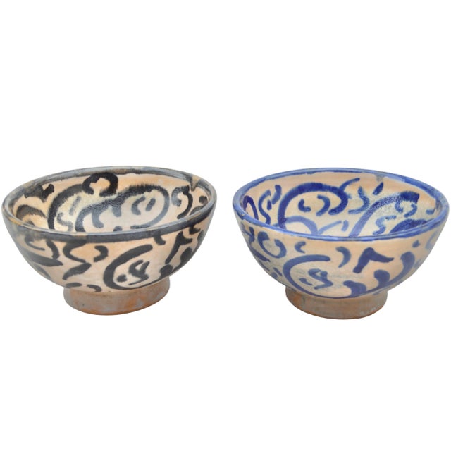 Exquisite set of two antique handcrafted and glazed Moroccan ceramic bowls with elegantly hand-painted Arabic calligraphy...