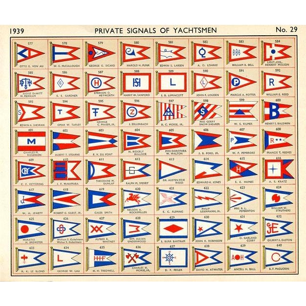 Original sailing lithograph featuring the flags of American yacht owners from a 1930s guide to yachts and their owners....