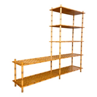 Vintage Boho Faux Bamboo Style Tiered Shelf With Rattan Parquetry Weave For Sale