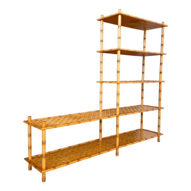 Vintage Boho Faux Bamboo Style Tiered Shelf With Rattan Parquetry Weave For Sale