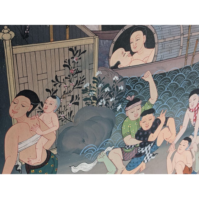 Late 20th Century Late 20th Century Southeast Asian Folk Art Village & Riverside Narrative Painting on Canvas For Sale - Image 5 of 12