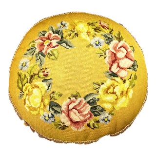 Vintage Mid Century Needlepoint Tassel Round Pillow For Sale