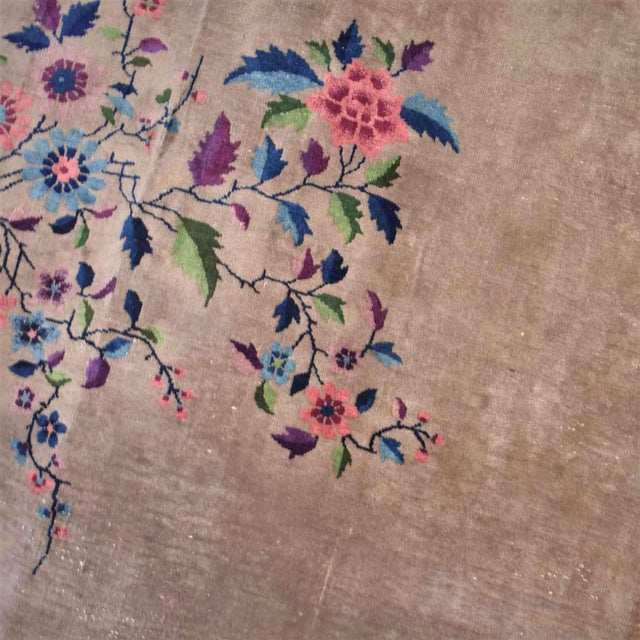 Antique Chinese Art Deco Wool Handmade Rug Taupe With Magenta Border 8’8”x11’4.5” For Sale - Image 4 of 13