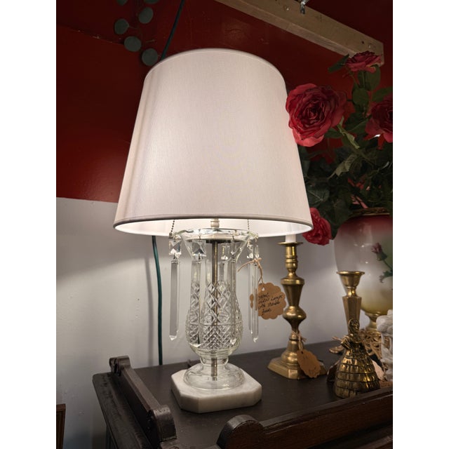 Pair of Antique Crystal Table Lamps With Prisms and Marble Base For Sale In Pittsburgh - Image 6 of 8