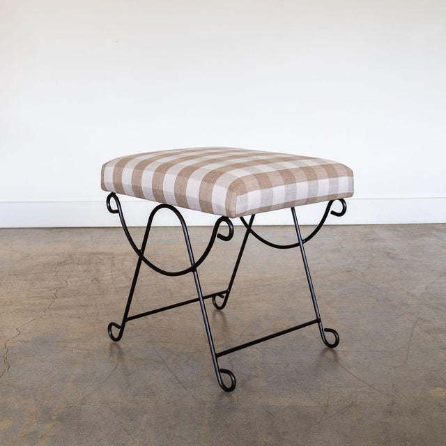 French Panoplie Iron Loop Stool, Tan Gingham For Sale - Image 3 of 9
