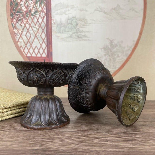 Pair of Bronze Lotus Candlesticks – 3.1" Eight Treasures Altar Candle Holders For Sale In Los Angeles - Image 6 of 11