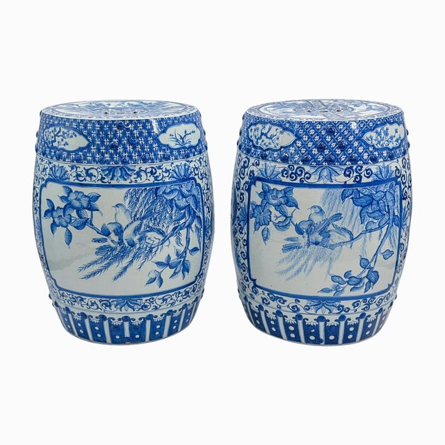 Late 20th Century Pair of Blue and White Chinoiserie Porcelain Garden Stools For Sale - Image 12 of 14