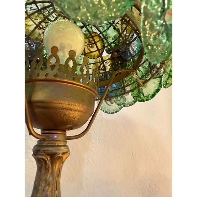 Celadon Beautiful 1970s Hollywood Regency Hand Blown Murano Glass Textured Translucent Blue, Green and Yellow Flowers Lampshade With Original Base For Sale - Image 8 of 12