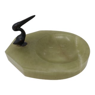 Mid 20th Century Onyx Trinket Holder With Bronze Pelican Figure Green Stone For Sale