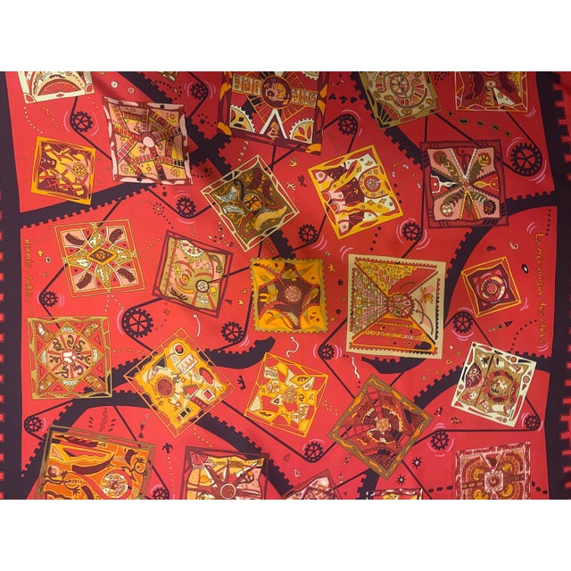 HERMES MÉCANIQUE des IDÉES red silk scarf designed Henry Christine 2004 France For Sale - Image 10 of 14