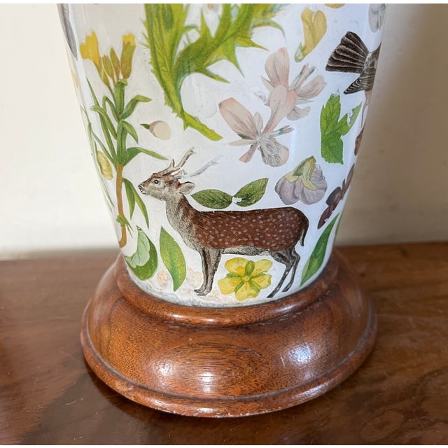 Antique English Victorian Decalcomania Reverse Painted Glass Vase Decorated With Birds, Butterflies, Flowers and a Deer Mounted as a Table Lamp For Sale - Image 4 of 12