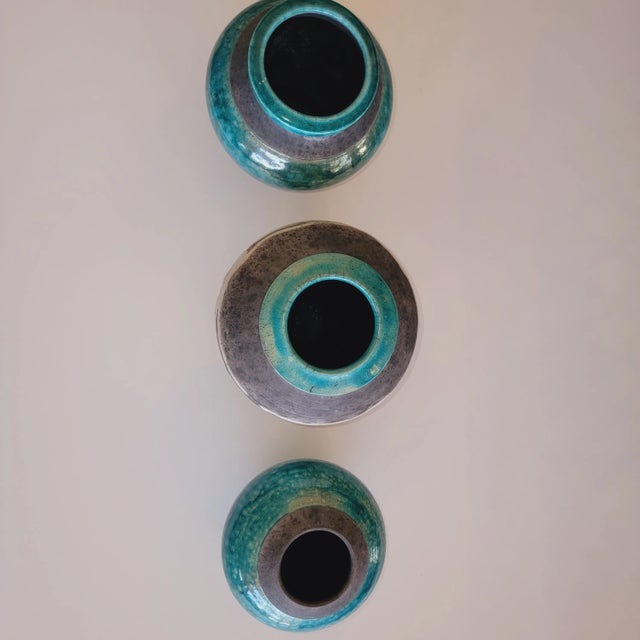 Mid-Century Modern Antic Blue Triptych Vintage Pottery- Set of 3 For Sale - Image 3 of 11