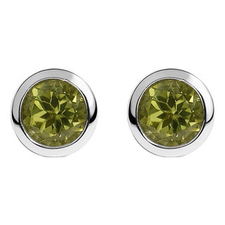 .925 Sterling Silver 6MM Bezel Set Created Green Peridot Solitaire Stud Earrings For Sale