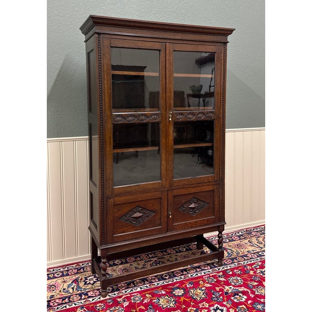 Antique English Bookcase Bookshelf Cabinet Double Door Barley Twist Oak c.1930s For Sale - Image 10 of 17