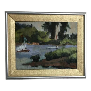 Early 20th Century The River Oil Painting on Board Signed at the Bottom, Framed