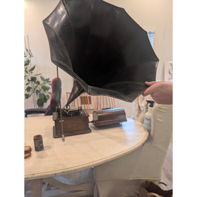 1900 - 1909 Antique Thomas Edison Phonograph With Black Horn and Music Cylinders For Sale - Image 5 of 18