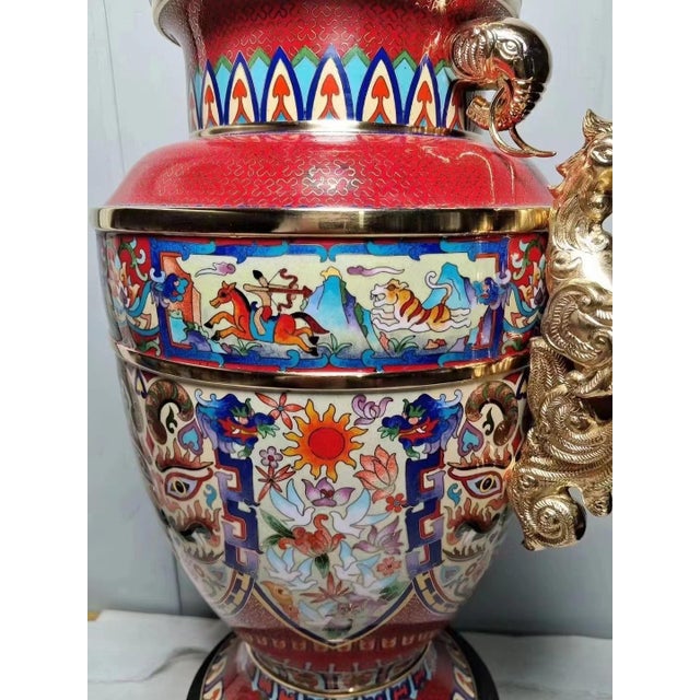 Monumental Chinese Cloisonné Peace Vase | Master-Designed Gilt Dragon Handles With Box For Sale - Image 4 of 12