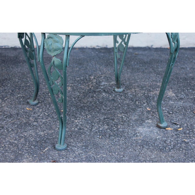 Wrought Iron Outdoor Round Mesh Top Patio Table With Floral Motif For Sale - Image 9 of 17