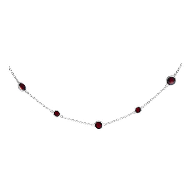 .925 Sterling Silver Checkerboard Cut Red Garnet Bezel Station Necklace - 22" Inches For Sale