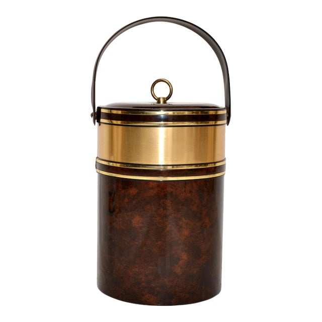 1970s Morgan Bucket Brigade Insulated Brass & Tortoise Pattern Ice Bucket For Sale