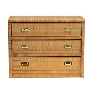 Vintage Rattan & Brass Hardware Chest of Drawers Console Table For Sale