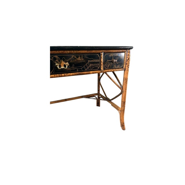 Wood Vintage Chinoiserie, Burnt Bamboo and Rattan Desk and Chair in the British Colonial Style Chair Dimensions: 39 3/4” H X 17 1/4” Seat H , Seat D/ W 17” For Sale - Image 7 of 12