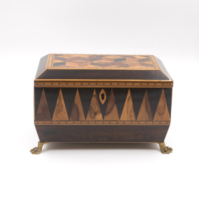 Early 19th Century Specimen Wood Tea Caddy With Perspective Cube and Vandyke Parquetry For Sale - Image 9 of 12