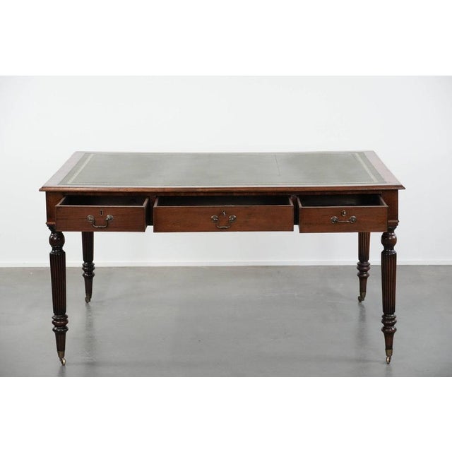 Antique English Style Writing Partner Desk with 6 Drawers and Dark Green Leather Top, Early 20th Century For Sale - Image 3 of 15