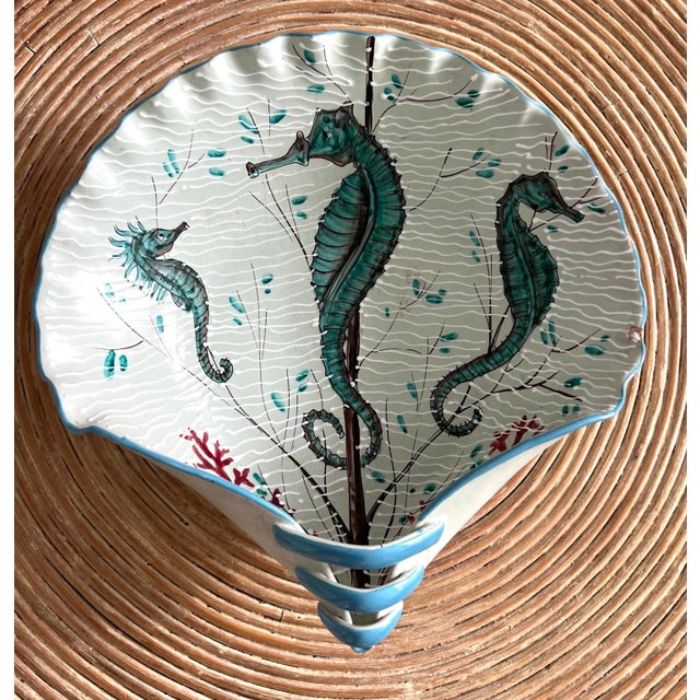 Hand Painted Pottery made in Italy with hand painted seahorses and coral. Beautiful decorative pottery.