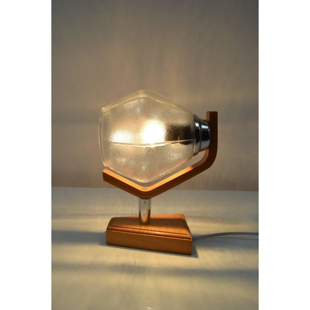 Made in czechoslovakia. Made of glass, wood. New cabling. 1x60w,e27 or e26 bulb re-polished original condition. Us adapter...