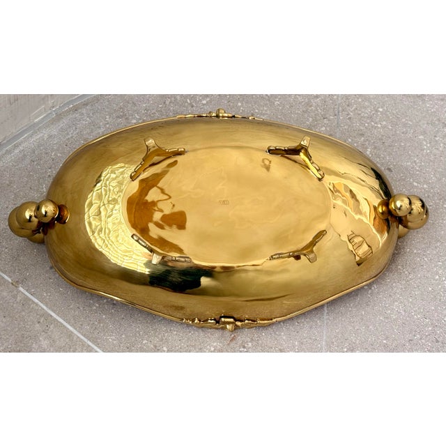 Antique Early 20th Century Solid Brass Mexican Decorative Jardinière or Centerpiece Bowl, Footed Base, Ornate Spherical Handles, & Floral Decorations For Sale - Image 4 of 12