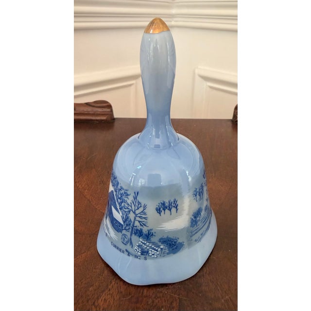 Vintage Currier & Ives “Home in the Wilderness” Blue & White Porcelain Bell With Gold Accents For Sale In Charleston - Image 6 of 11