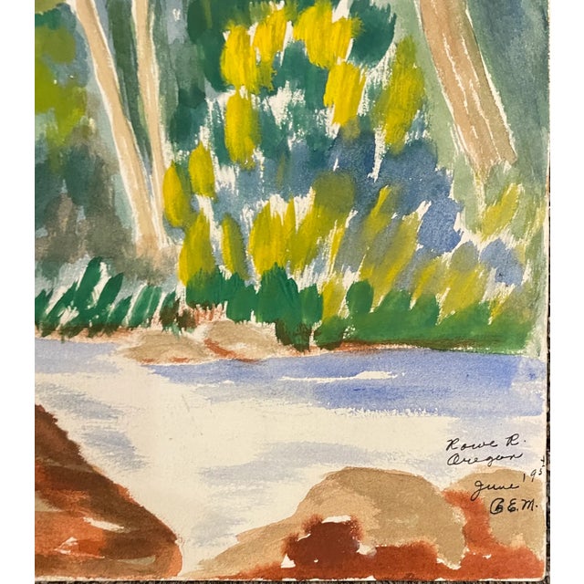 1954 landscape of an Oregon river by Northwest artist GE Matthews. It is inscribed "Rowe" River which could be the Row...