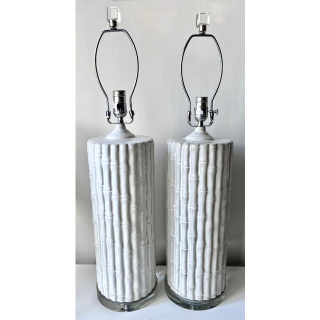 Ceramic 'Faux Bamboo' Lamps-Glass Bases-Pair For Sale - Image 9 of 9