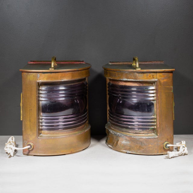 Copper Pair of Early 20th Century English Copper and Brass Ship Lanterns For Sale - Image 8 of 13