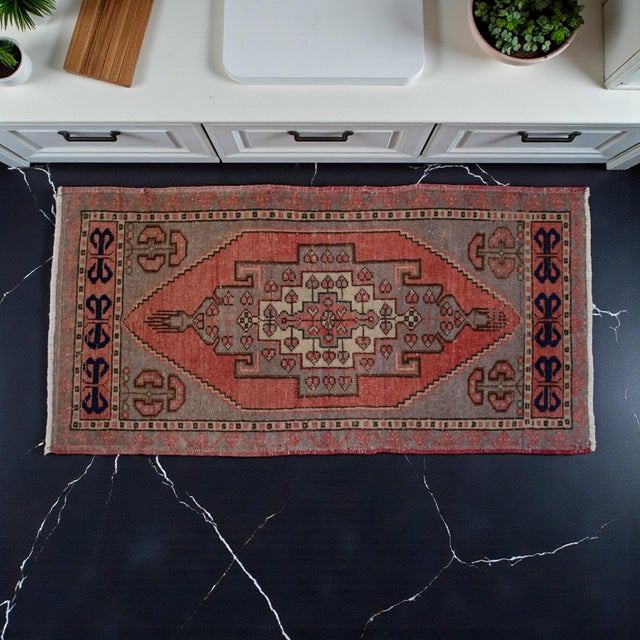 Mid-Century Modern Small Rug Hand Knotted Distressed Oushak Rug Yastik - 21'' X 41'' For Sale - Image 3 of 14