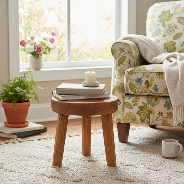 A beautifully worn pine milking stool, crafted in the traditional three-leg form used across rural Europe and early...