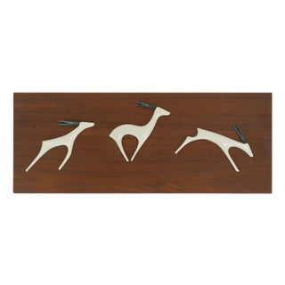 Mid-Century Modern Teak Wall Panel with Porcelain Antelopes by Peter Mueller for Sgrafo Modern, 1960s For Sale