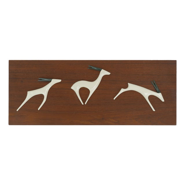 Mid-Century Modern Teak Wall Panel with Porcelain Antelopes by Peter Mueller for Sgrafo Modern, 1960s For Sale