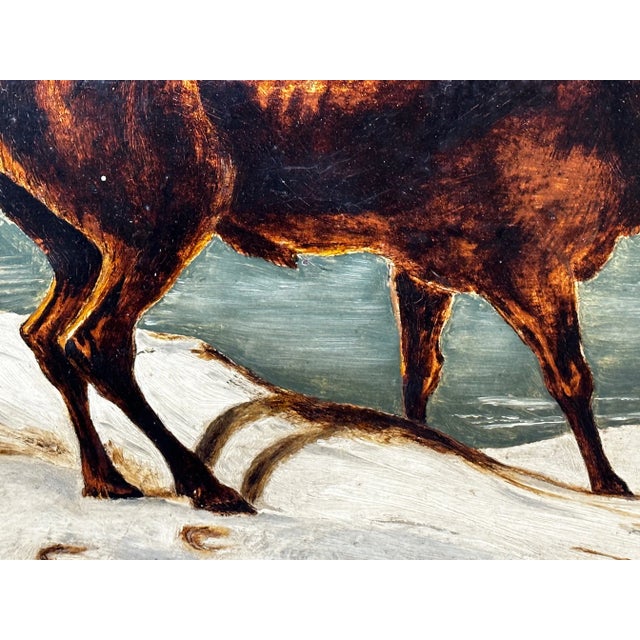 Brown 19th Century Oil Painting Winter Monarch of Glen Stag Deer Starlit Sky Highlands Loch Fyne For Sale - Image 8 of 12